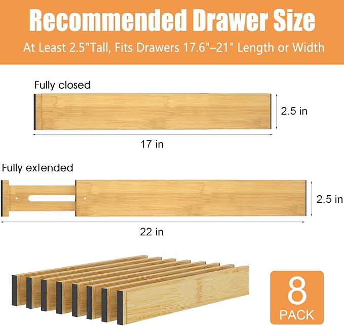 Bamboo Drawer Dividers, Adjustable Drawer Organizers, Fits 17.6–21" Drawers | - Image 3