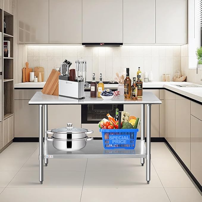 STABLEINK NSF Stainless Steel Prep Table 48 x 24 Inches Metal Work Table with Adjustable Undershelf for Commercial Kitchen, Restaurant, Hotel and Garage