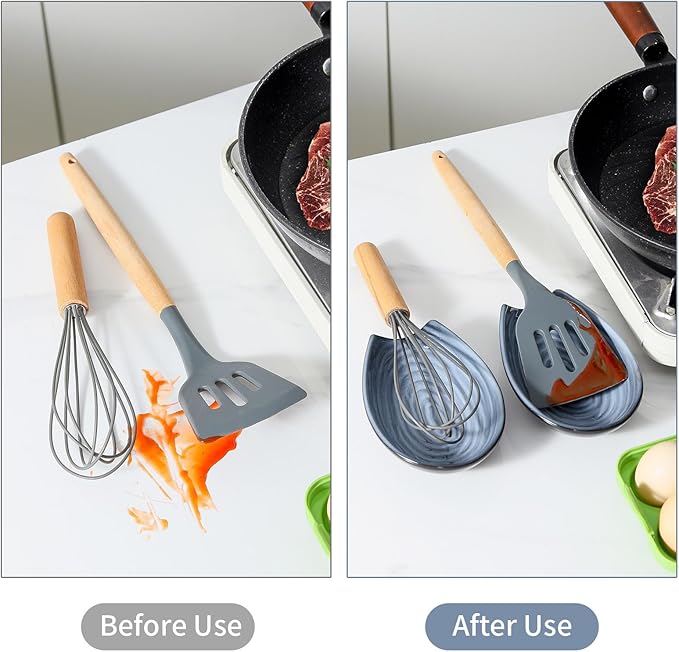 Hasense Spoon Rest Set of 2 for Stove top, Cooking Spoon Holder for Kitchen Counter, Ceramic Utensil Rest for Ladle, Spatula, Tong and Spoon, Heat-Resistant Spatula Holder, Grayish Blue