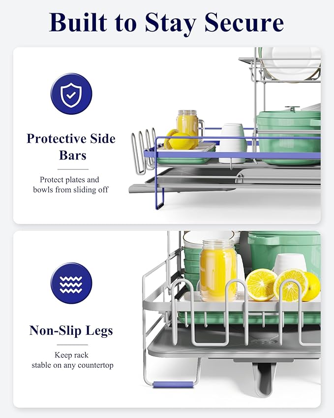 Kitsure Extendable Dish Drying Rack, 19.2"-26.7" L x 12.9" W, 2-Tier | Large - Image 6