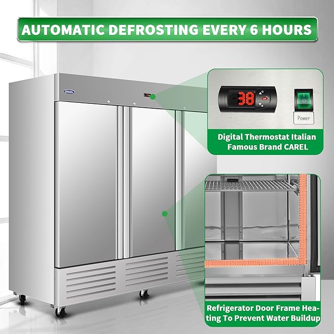 81" W Commercial Reach-In Upright Refrigerator - 3 Door Stainless Steel Fridge, 72 Cu.ft Capacity, 3 Adjustable Shelves, Auto Defrost, Digital thermostat control, LED Lighting