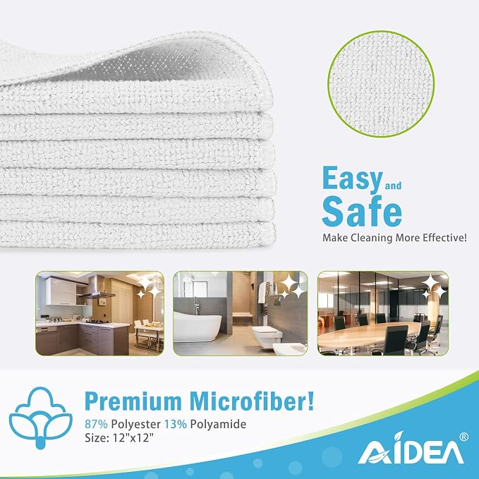 AIDEA White Microfiber Cleaning Cloth-12PK, Cleaning Rags 12"x 12" Reusable | - Image 2