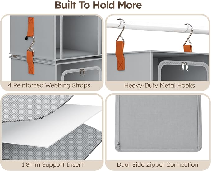 4-Tier Modular Hanging Closet Organizer Shelves Grey | 40.9" Height, 2+2 - Image 6