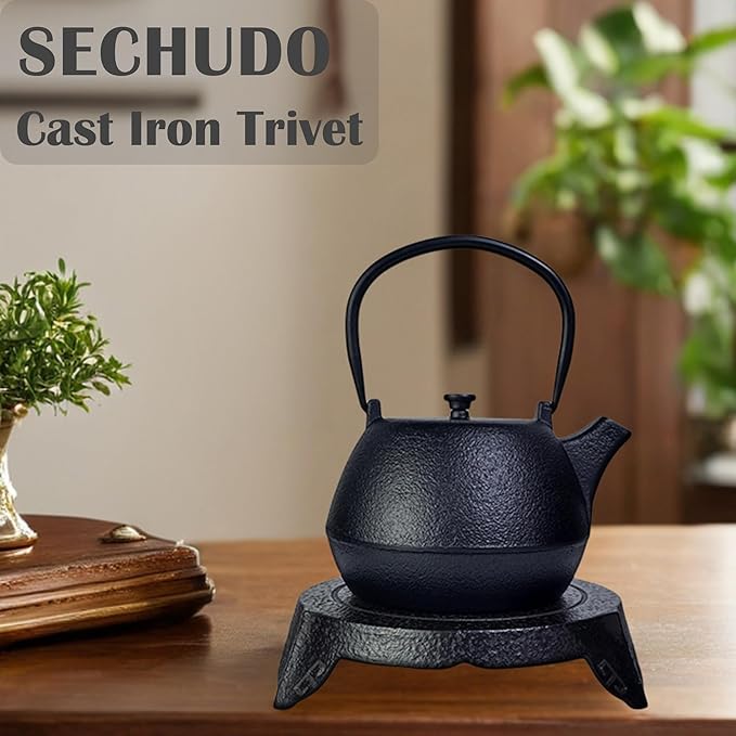 Cast Iron Trivet for Tea Kettle or Teapot, Kitchen Counter Decor and Accessories Heat Resistant Holder for Dishs, Pots or Pans, Holder Pads for Tea Table and Countertop (Dark Coffee, 6.9", Round)