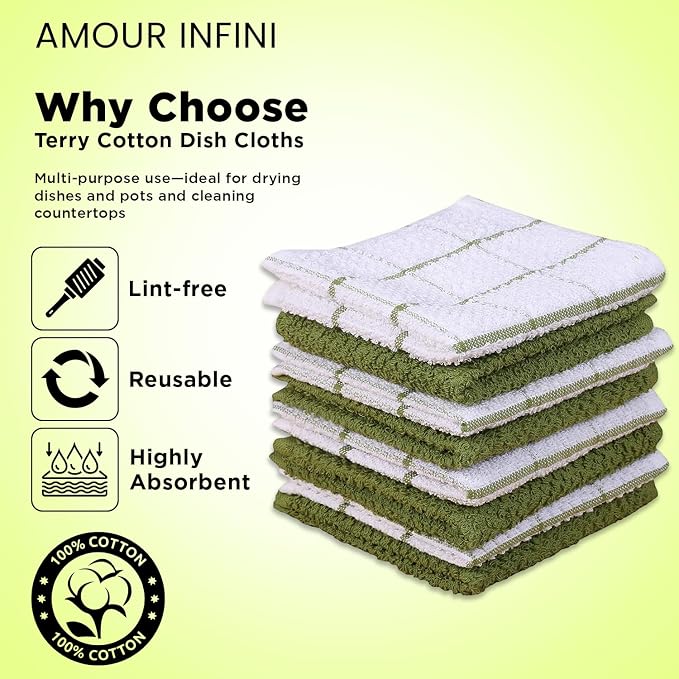 AMOUR INFINI Cotton Kitchen Dish Cloths Set of 8 – Highly Absorbent, Super Soft - Image 3