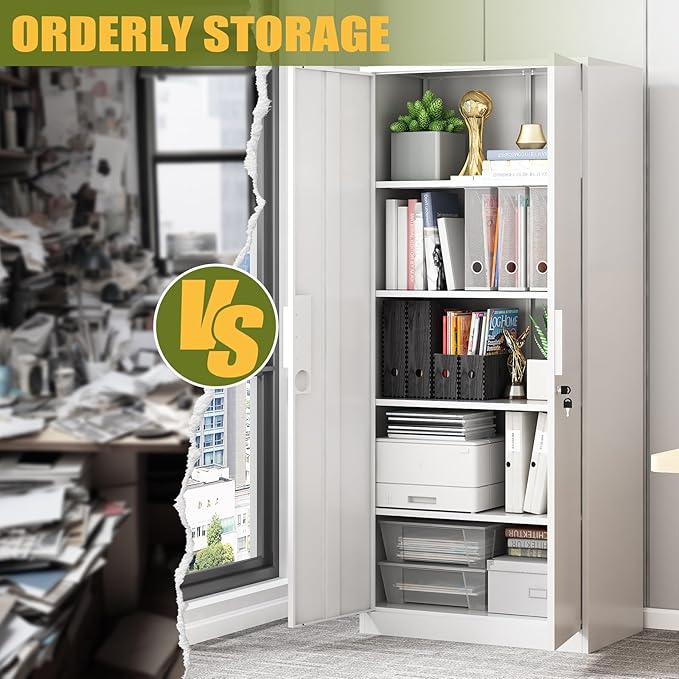 71" H Metal Garage Storage Cabinets with Adjustable Shelves,Steel Tall Cabinets with 2 Lockable Doors,Kitchen Pantry Cabinet,Metal Cabinet for Home/Office/Warehouse,White