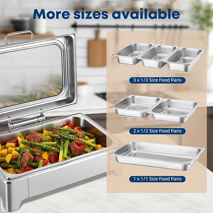 Electric Chafing Dish Buffet Server Set, Stainless Steel Full Size & Half-Size &Three-Section Food Pan with Temp Control, Roll Top Stainless Steel Food Warmers for Catering Buffet (A-01)