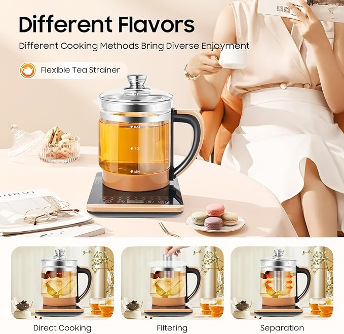 800W Electric Kettle, 1.8L Multifunctional Health Pot Electric Glass Kettle Tea Maker with Tea Infuser & & Steamed Eggs Holder, 18 Menus, Keep Warm Function, Rapid Boil