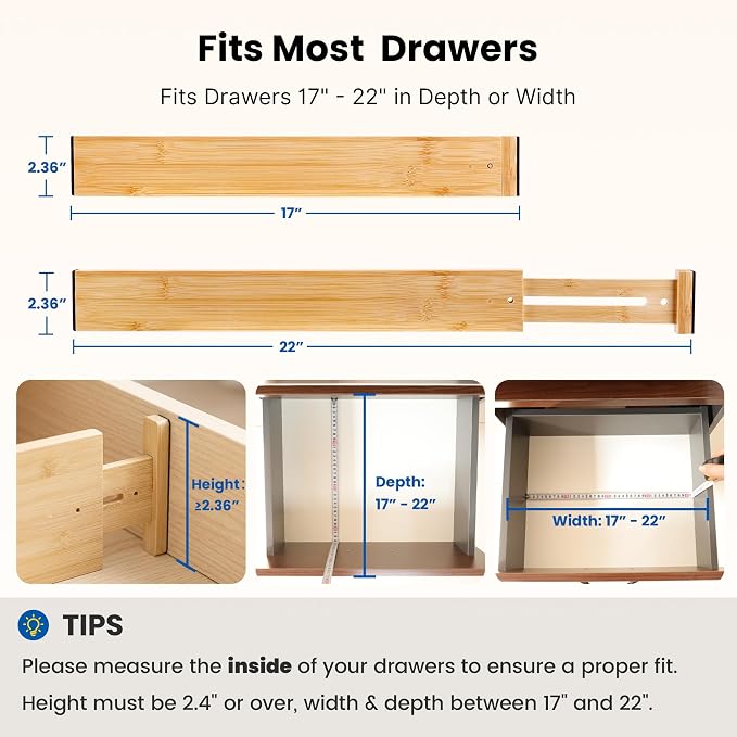 4 Pack 2.36" Bamboo Drawer Dividers, 17-22" Expandable Kitchen Organizers | - Image 2