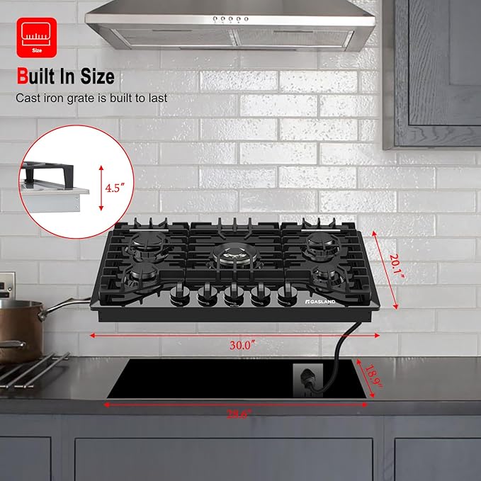 GASLAND 30 Inch Gas Cooktop Black, 5 Burner Propane Stove Top, Built-in NG/LPG Convertible Gas Cooktops, Plug-in with Thermocouple Protection, Black