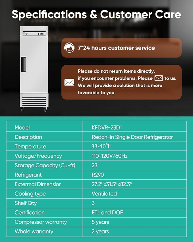 27" Commercial Refrigerator, 23 Cu. Ft Stainless Steel Upright Reach-in Fridge, 33℉~40℉, 3 Adjustable Shelves