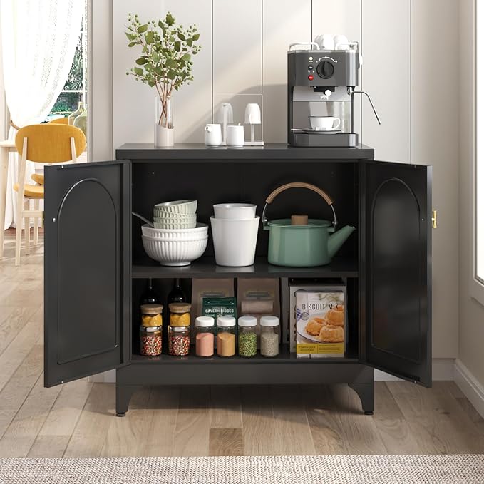 Metal Sideboard Buffet Cabinet with Storage,33 Inch Coffee Bar Cabinets with Adjustable Shelf, Black Kitchen Pantry Cabinet for Dining Room, Living Room