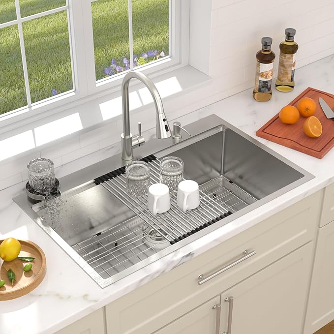 Dcolora 36 In. Workstation Kitchen Sink with Cup Washer, Drop In Luxury Extra Large Single Bowl for Big Kitchen, 304 Stainless Steel Heavy Duty 16 Gauge, 5 In 1 Valued Accessories #DC-TW258008S