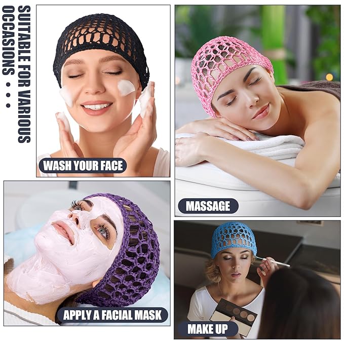 Geyoga 4 Pieces Mesh Crochet Hair Net Rayon Knit Snood Hat Thick Short Women Hairnet Snoods Cover Ornament for Sleeping (Black,Purple,Blue,Pink)