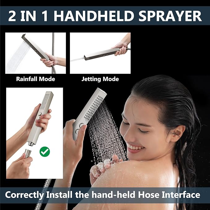 Aolemi Shower Faucet Set Ceiling Mount Shower System Rough-in Valve and Shower Trim Kit 2 in 1 Handheld Spray Push Button Diverter 12 and 6 Inch Dual Shower Head Brushed Nickel