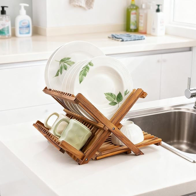 Utoplike Teak Dish Drying Rack Collapsible, Large Dishes Draine 3 Tier | - Image 6
