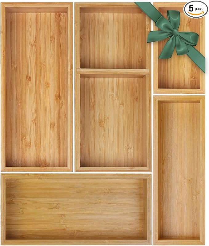 MapleGrace Bamboo Drawer Organizer Set, Individual Wood Storage Organizers | 5 by MapleGrace
