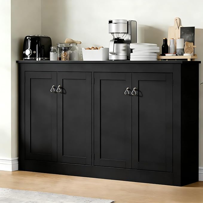 Cozy Castle Buffet Cabinet with Storage - Kitchen Storage Cabinet Wood Console Table Coffee Bar Accent Cabinets for Living Room Dining Room Entryway Black 57.5" W