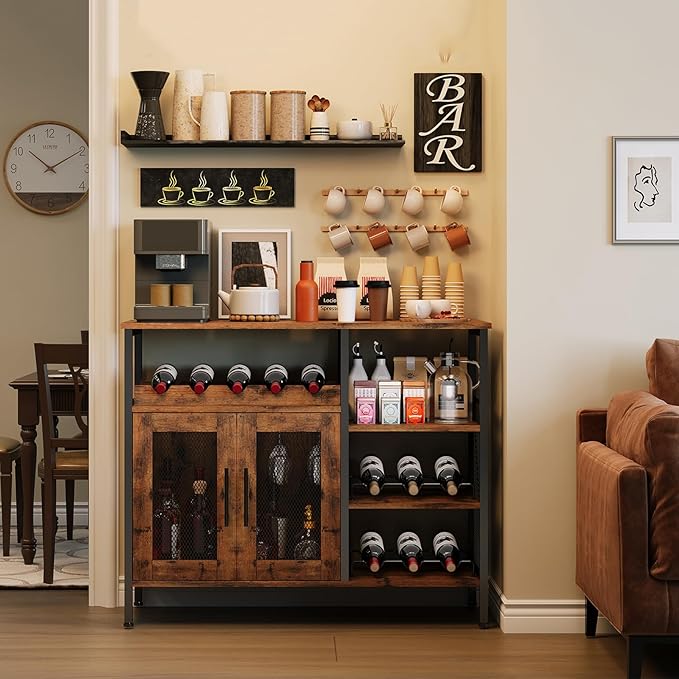 X-cosrack Wine Bar Rack Cabinet with Detachable Wine Rack, Coffee Bar Cabinet with Glass Holder, Small Sideboard and Buffet Cabinet with Mesh Door, Rustic Brown, Large