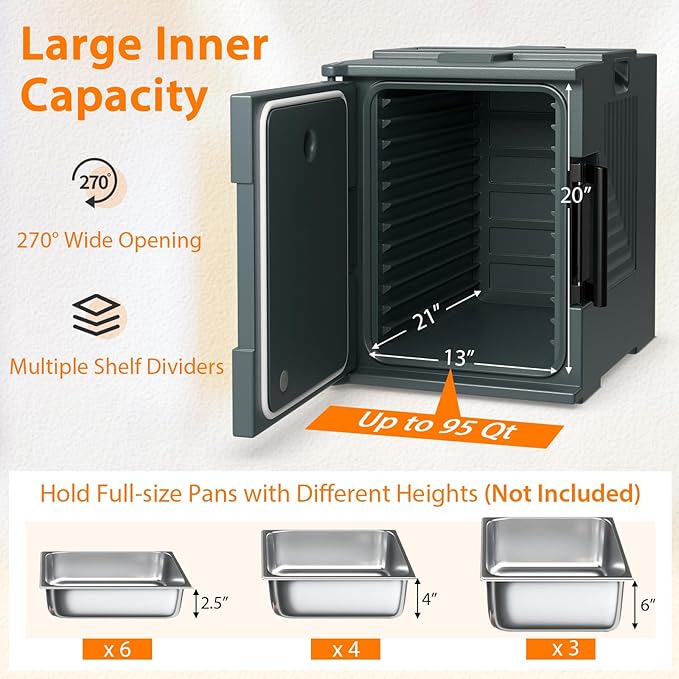COSTWAY Insulated Food Pan Carrier, 95 Qt Hot Box Catering for 6 Full-Size Pan, Stackable Design, Fastener, Portable Front-Loading Food Warmer for Family Gathering, Buffets, Restaurant, Grey (3)