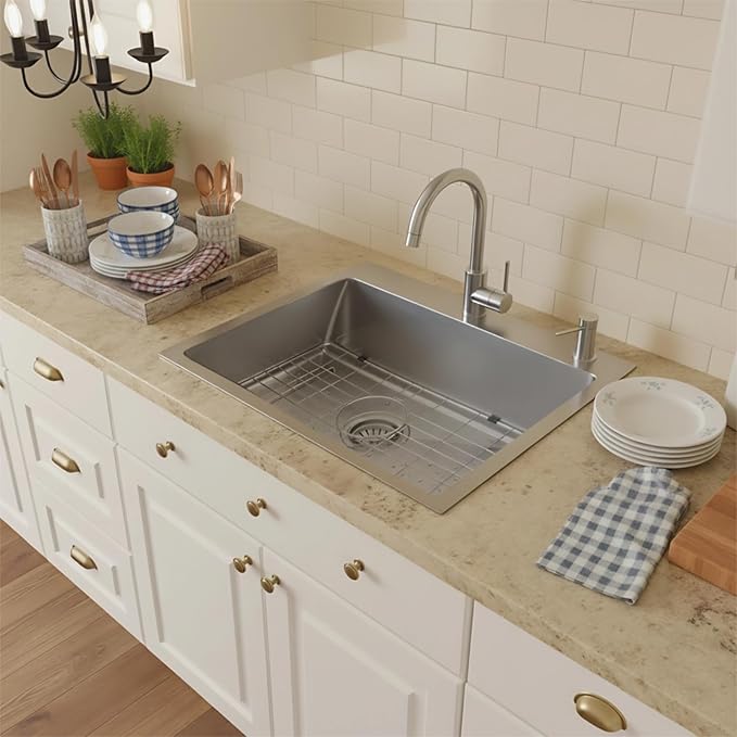 Drop In Kitchen Sink 33x22", 9" Basin Depth, 18 Gauge Stainless Steel Sink, 3D Embossed Surface Finish Top Mount with Accessories