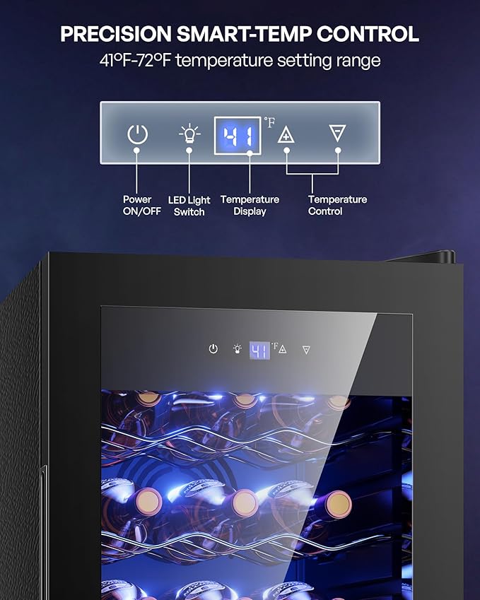 18 Bottle Compressor Wine Cooler Refrigerator，Freestanding Wine Fridge with Digital Temperature Control & Double-layer Glass Door, 41-64°F Wine Cellar for Red Wine, Champagne, Beer, Black
