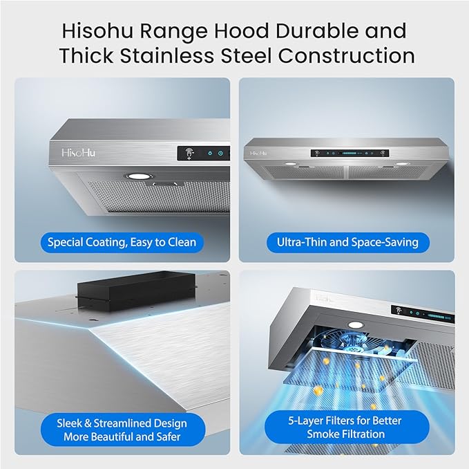 HisoHu 36 Inch Under Ducted Cabinet Range Hood with 1200 CFM, 4 Speed Gesture Sensing Kitchen Exhaust Hood & Touch Control Panel, Stainless Steel Stove Vent Hood with 2 LED Lights