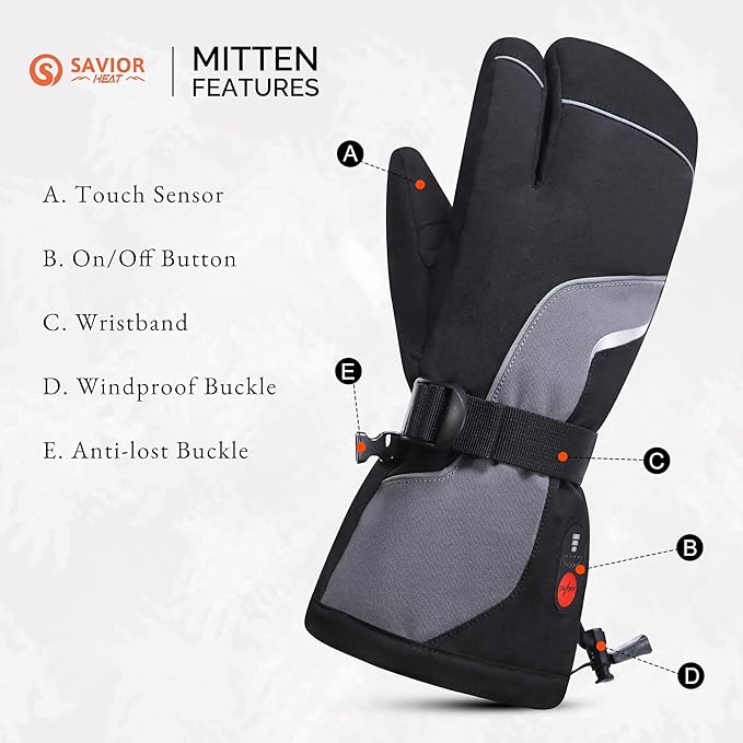 SAVIOR HEAT Heated Ski Mittens 3-Finger Gloves Electric Rechargeable Battery Mitts for Men Women Kids Winter Snowboard Motorcycle Skating Camping Hunting