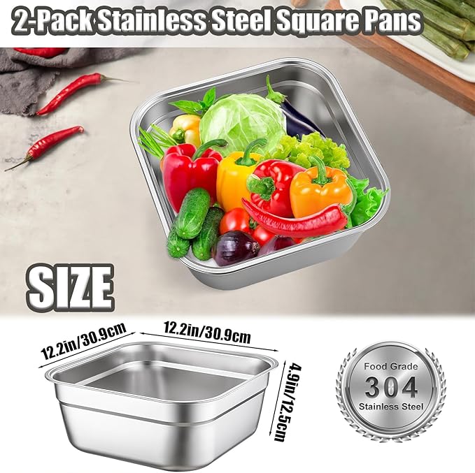 Stainless Steel Washing Up Bowls, 2PCS Square Dish Tub - Fruit Vegetable Washing Basin for Sink, Large Kitchen Containers & Sturdy Dishpans for Home Use, 12"