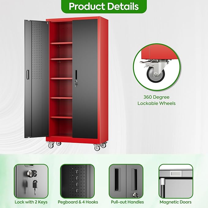 Aobabo Metal Garage Storage Cabinets with Wheels,Steel Cabinets with 5 Adjustable Shelves for Garage Home Office Storage, Red-Black,Assembly Required
