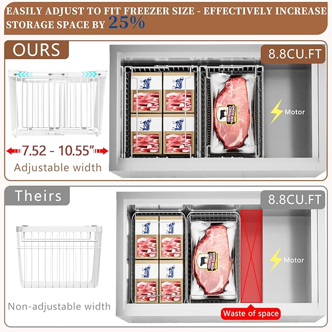 Large Freezer Organizer Bins，Upgraded Bottom Leak-Proof net，Fit 5 to 9 Cu Ft Chest Freezer，4 Pack， Expandable Stackable Chest Freezer Containers with Handle (White-4P)