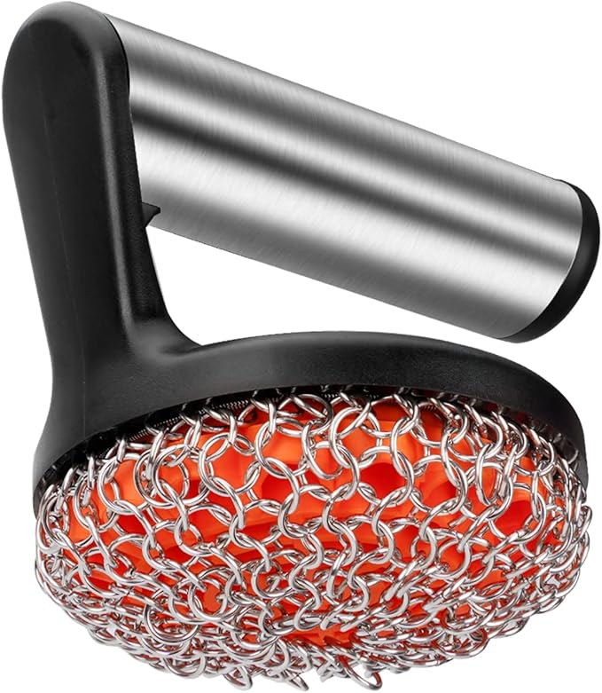 Skyflame Cast Iron Scrubber with Handle, Stainless Steel Chainmail Cleaner for Pans and Skillets - Cast Iron Cookware, Ovens and Grills Cleaning Accessory