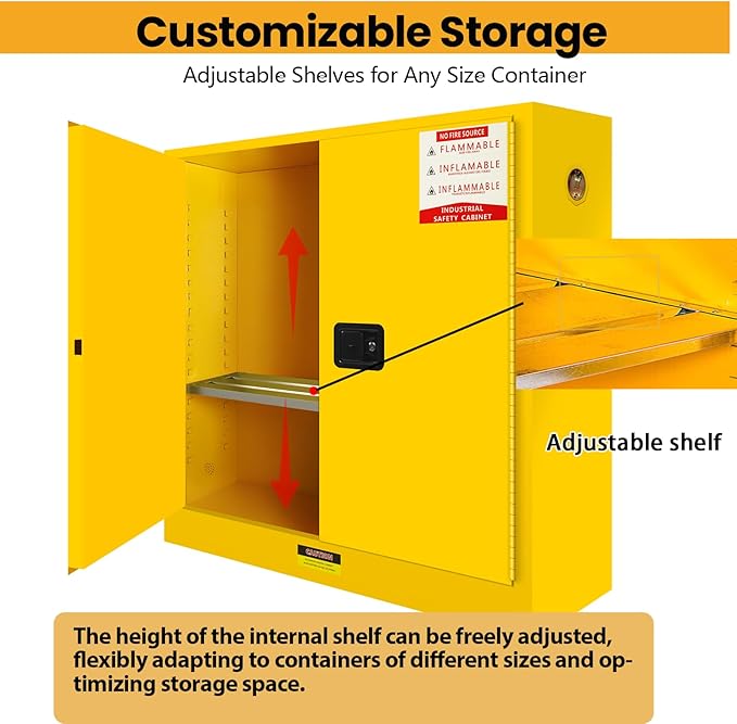 170 Gal Flammable Liquid Cabinet with 3-Point Locking System, Compliant with NFPA 30/OSHA for Hazardous Material Storage in Lab, Yellow Metal Chemical Flammable Storage Cabinet
