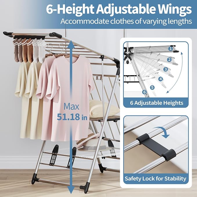 Clothes Drying Rack with High Hanger, 3-Level Drying Racks | Foldable Laundry - Image 4