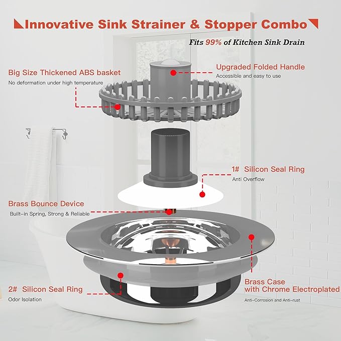 Kitchen Sink Drain Strainer 3 in 1, 304 Stainless Steel Pop Up Sink Stopper, Anti-Clogging Drain Stopper, Strainers for Kitchen, Drain Cover and Kitchen Accessories for US Standard Sink (Chrome)