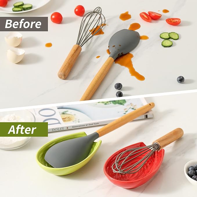 Spoon Holder for kitchen Counter, Porcelain Spoon Rest Set of 2 for Stove Top, Cooking Spatula Holder for Spoon, Ladle and Tong, Farmhouse Kitchen Coffee Bar Accessories and Decor, Red and Green