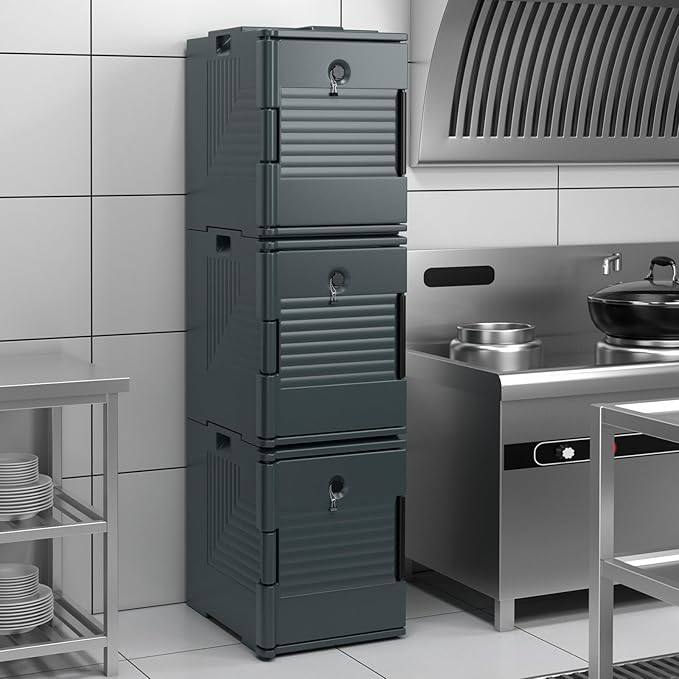 COSTWAY Insulated Food Pan Carrier, 95 Qt Hot Box Catering for 6 Full-Size Pan, Stackable Design, Fastener, Portable Front-Loading Food Warmer for Family Gathering, Buffets, Restaurant, Grey (4)
