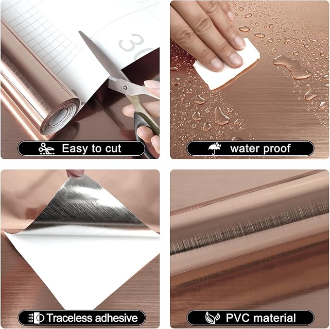 Rose Gold Metallic Contact Paper Peel and Stick Countertop Contact Paper Self-Adhesive Waterproof DIY Decor Wallpaper for Kitchen Backsplash Fridge and Cabinets 15.7"x80"