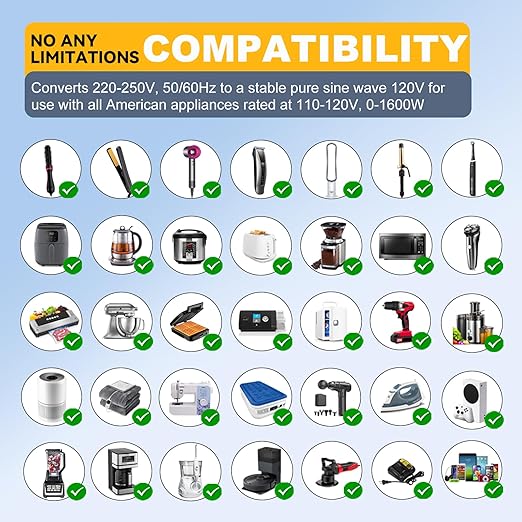 1600W 220V to 110V Voltage Converter, Universal Power Plug Adapter Voltage Converter US to Europe International Travel, Power Any American Appliances in 220-250V, Plug & Play, No Limitations
