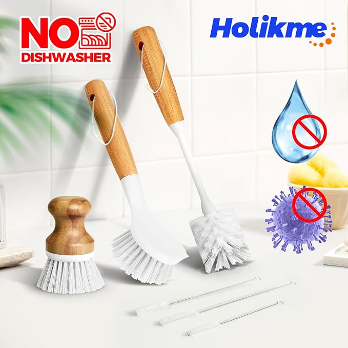 Holikme 6 Pack Dish Brush with Bottle Brush Scrub Brush Straw, Palm Scrub Brush - Image 5