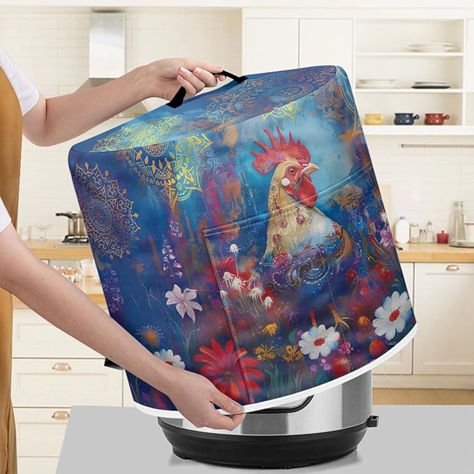 Rooster Flower Print Dust Cover for 3 Quart Instant Pot and Extra Accessories, Dust Proof Easy to Clean Pressure Cooker Cover Electric Appliance Cover Air Fryer Accessories with Pocket