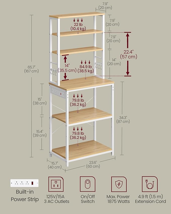 VASAGLE Bakers Rack with Power Outlet, 23.6 Inches Coffee Bar for Kitchen with Storage, 6-Tier Kitchen Shelves with 6 Hooks, Microwave Stand, Industrial, Golden Oak and Cloud White UKKS124Y03