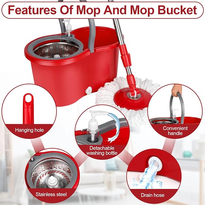 Spin Mop and Bucket with Wringer Set, 3 Microfiber Mop Heads - Image 5