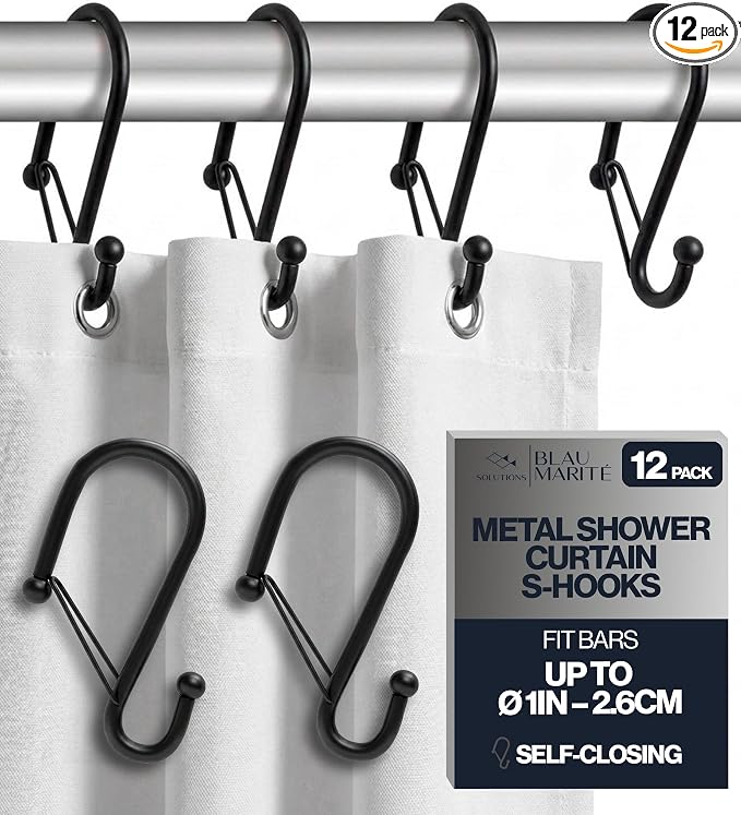 Set of 12 Black Metal S Hook Shower Hooks 1” – Closed, Heavy Duty, Long by BLAUMARIT%C3%89