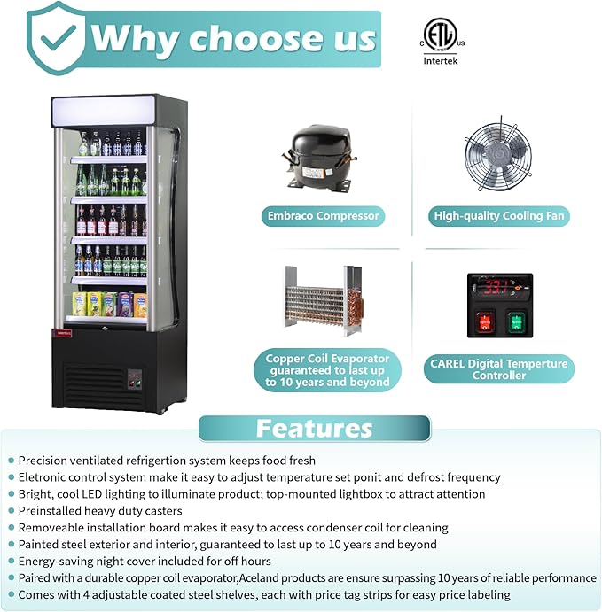 WESTLAKE Open Air Merchandiser Commercial Refrigerator with Night Curtain 16.6 Cu.ft 27.5” W 28.3" D Upright Fan Cooling Display Cooler for Stores, Supermarkets, Bar, Shops, etc