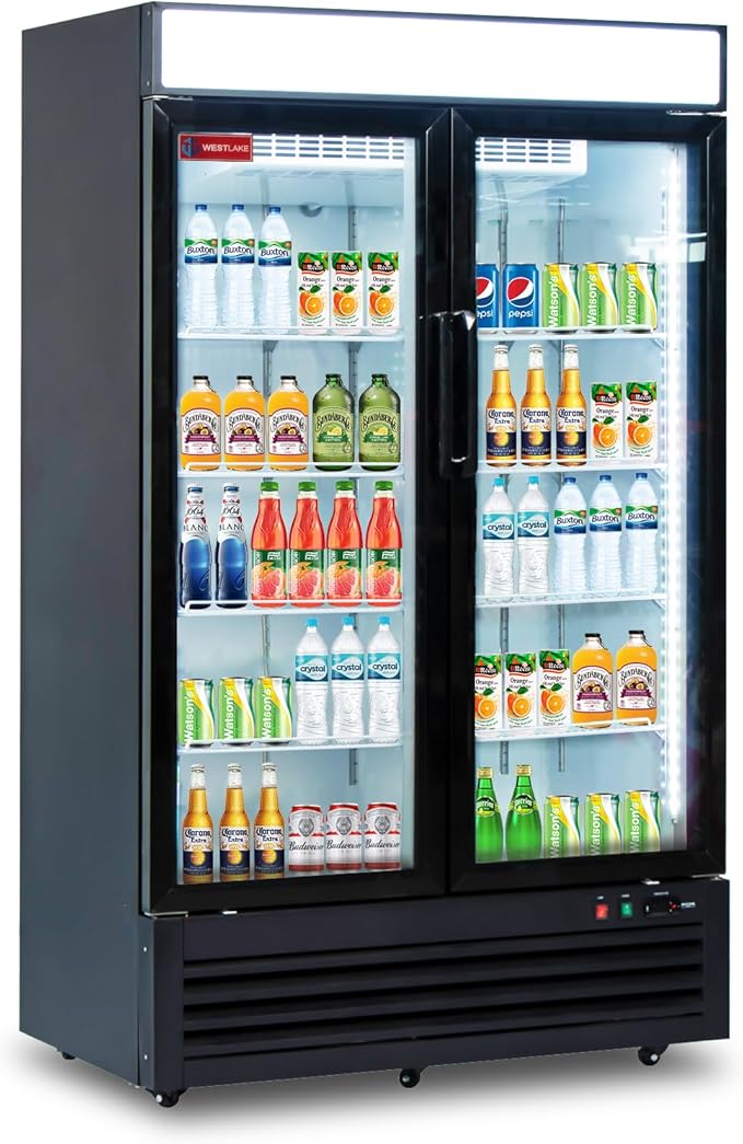 WESTLAKE 48" W Merchandiser Commercial Display Refrigerator 2 Glass Door 2 Section Reach-in Glass Door Upright Fan Cooling 36 Cu.ft Cooler for Restaurant, Bar, Shop, etc