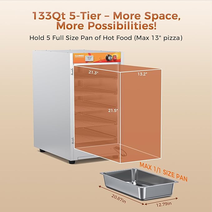 133Qt 5-Tier 900W Commercial Food Warmer w/ 304 Blued Stainless Steel Heating Element, Single-Tempered Glass Door, Adjustable Shelf, Electric Catering Hot Box Countertop Heated Holding Cabinet