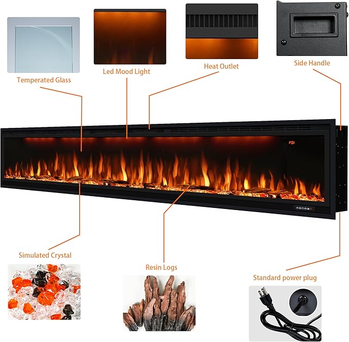 86 inch Electric Fireplace, Smart Fireplace Insert recessed in Wall and Wall Mounted fire Place Heater with Metal Frame, Multicolor Flame & Realistic logs，Thermostat& Timer, 1500W, Black