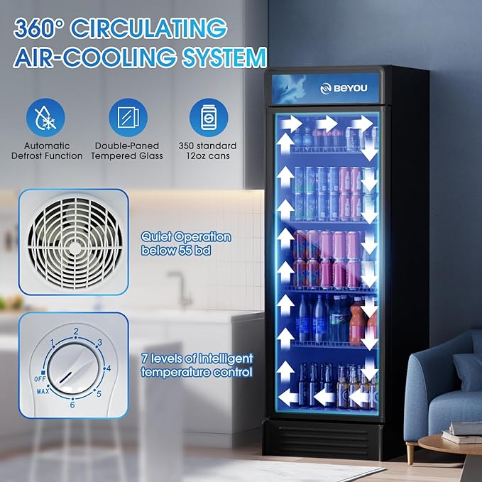 BEYOU Display Merchandiser Refrigerator, 13.3 cu. Ft Commercial Upright Beverage Fridge with single Glass Door, Drink Cooler for Living Room,Bar,Garage（Black）