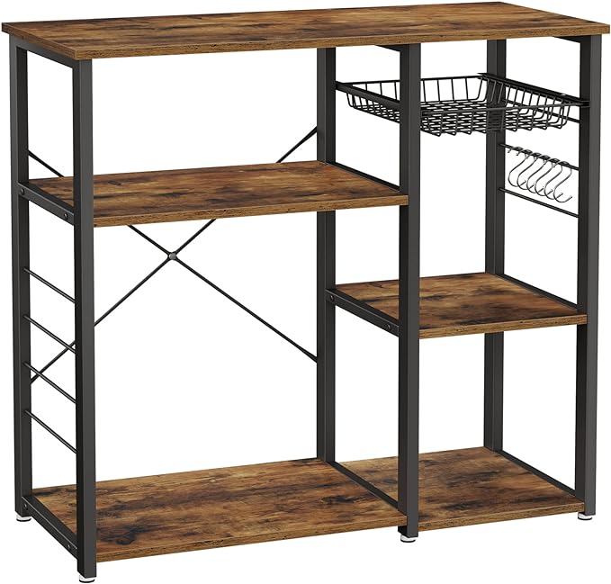 VASAGLE Baker's Rack, Coffee Bar Stand with Charging Station, 33 Inches Tall, Storage Shelves, Pull-Out Wire Basket, Table for Microwave, Kitchen, Rustic Brown and Ink Black UKKS90X